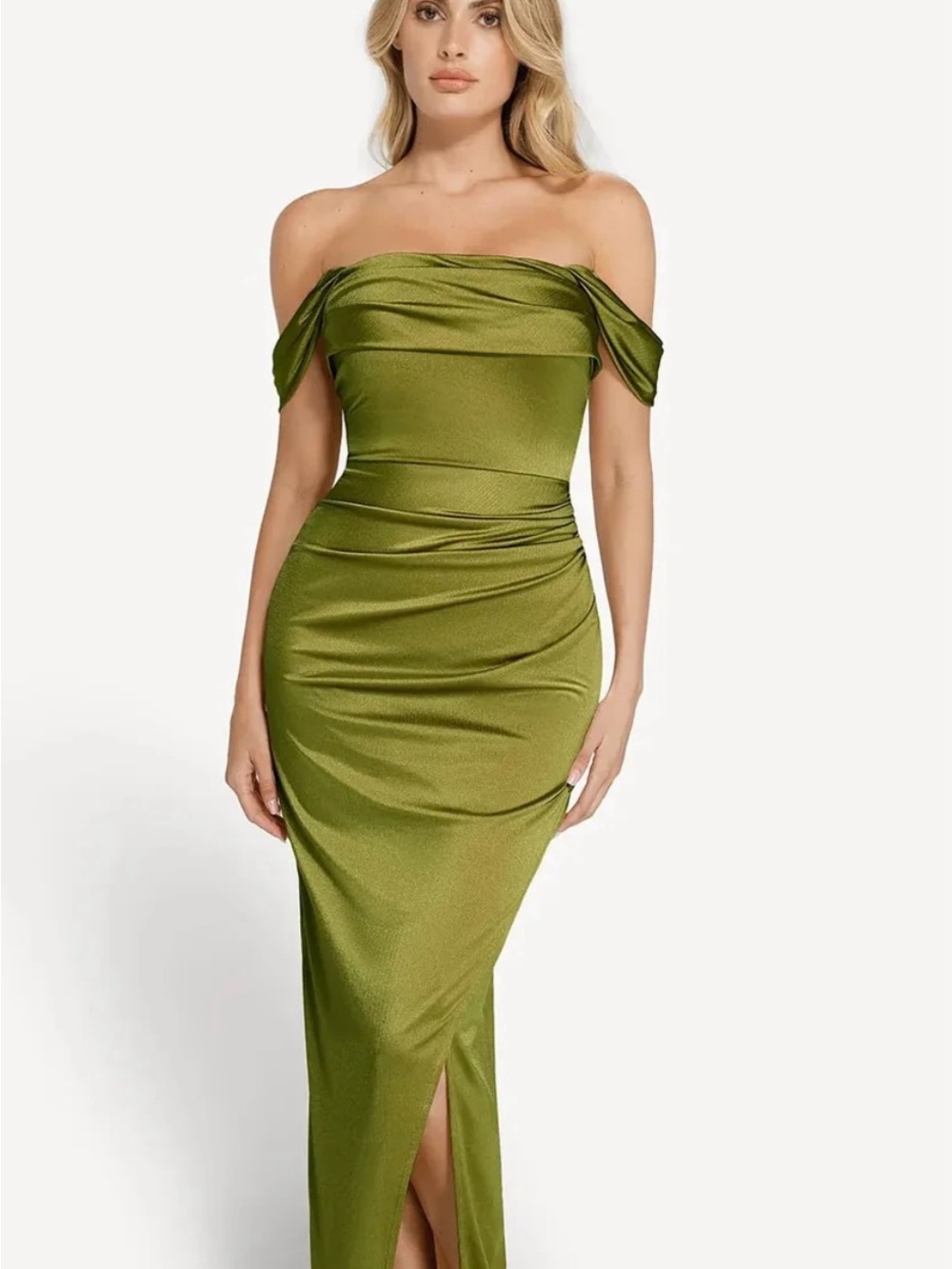 Off-Shoulder Olive Green Satin Evening Dress
